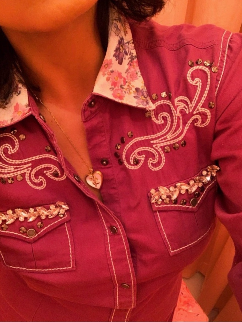 Bespoke LOVESHACKFANCY Rhinestone Embroidered Pink Country Western Button Up